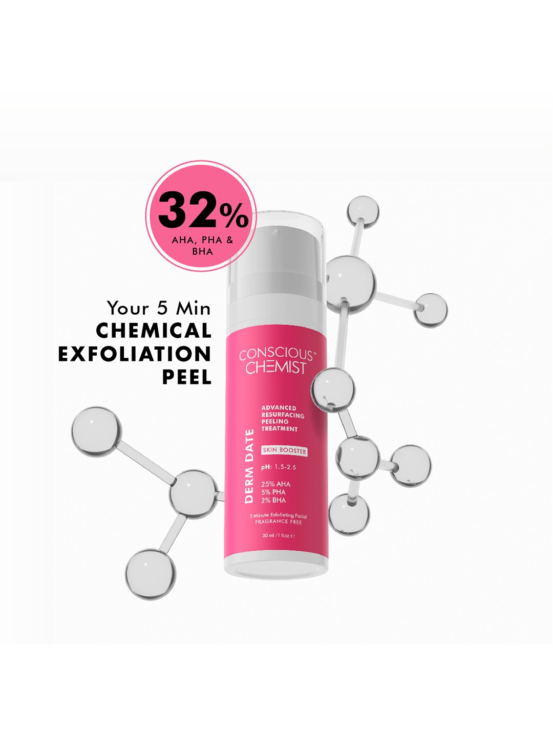 

Conscious Chemist Peeling Solution 25% AHA + 2% BHA + 5% PHA Exfoliating Serum - 30ml, Pink