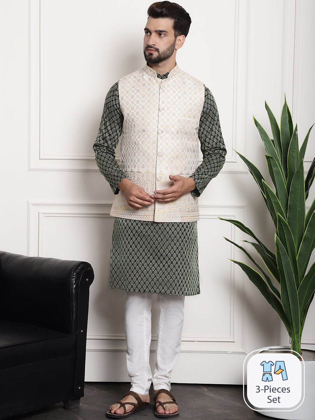 

SOJANYA Ethnic Motifs Straight Kurta & Churidar With Nehru Jacket, Green