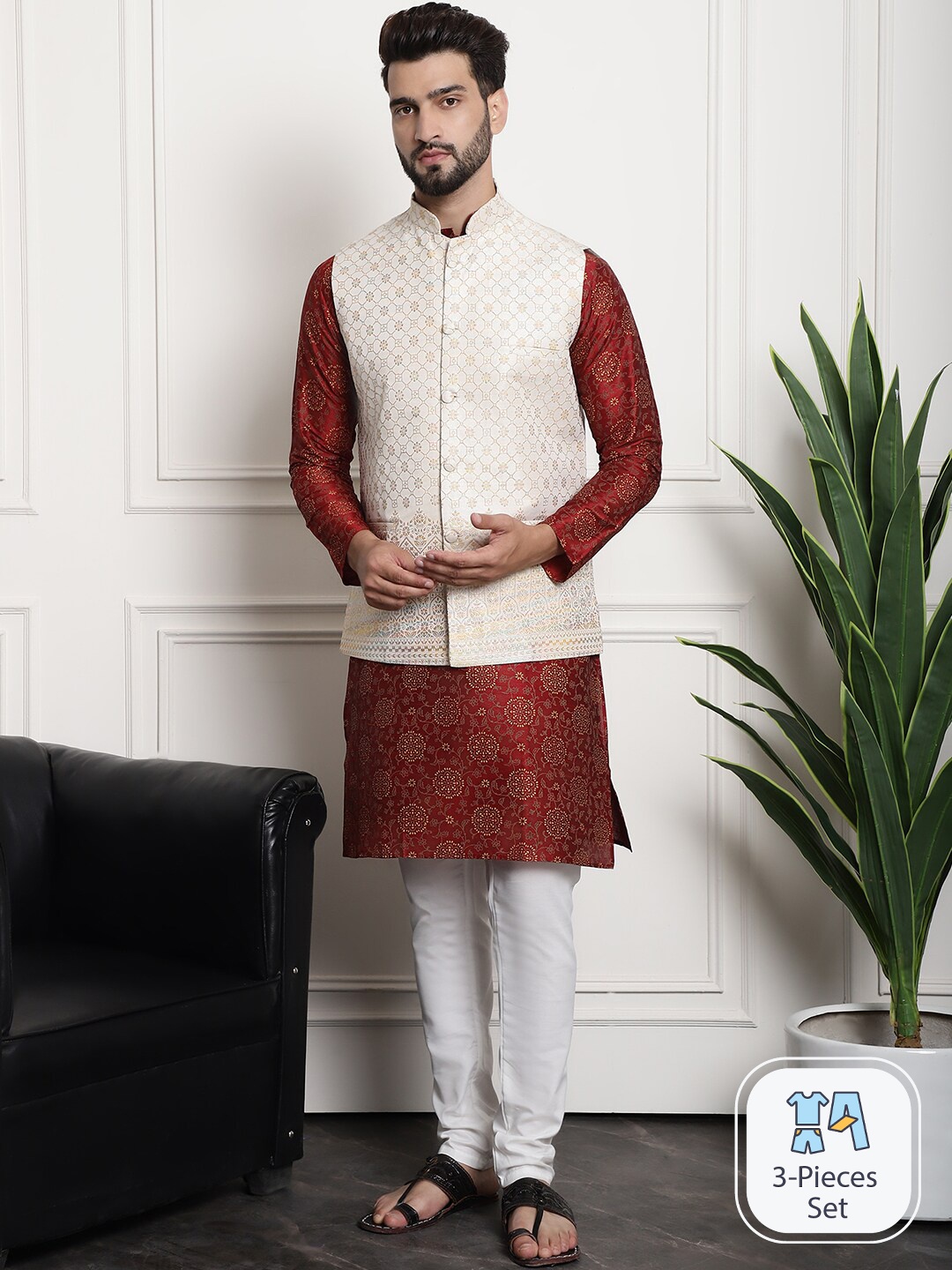 

SOJANYA Ethnic Motifs Printed Silk Cotton Kurta & Churidar With Nehru Jacket, Maroon