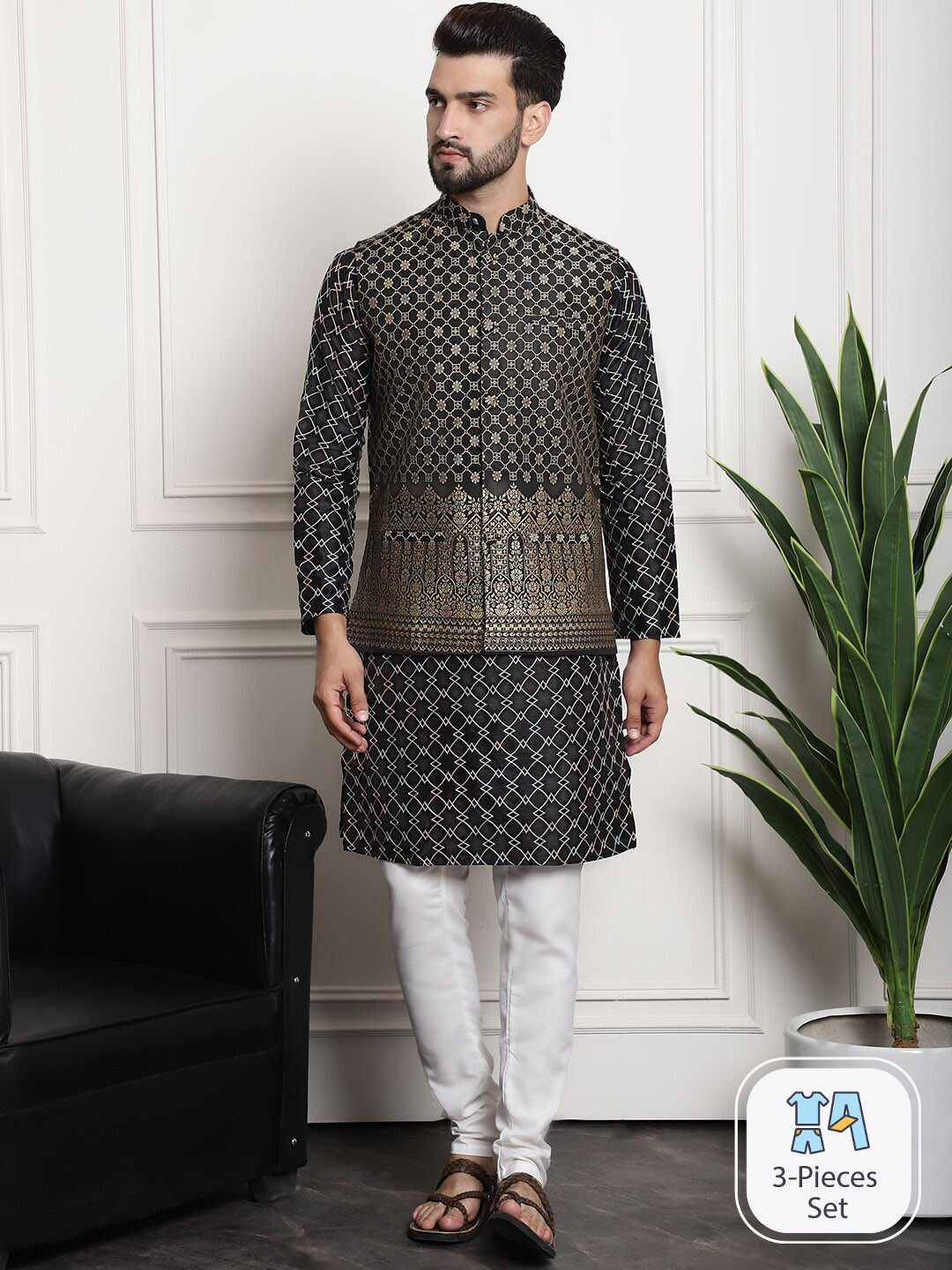 

SOJANYA Ethnic Motifs Woven Design Embroidered Straight Kurta & Churidar With Nehru Jacket, Black