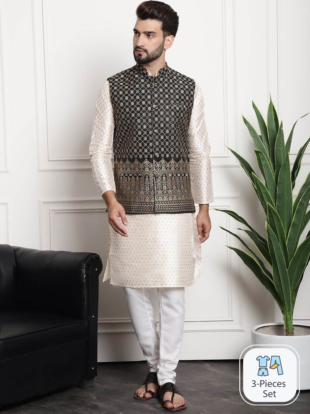 

SOJANYA Paisley Woven Design Straight Kurta With Churidar, Cream