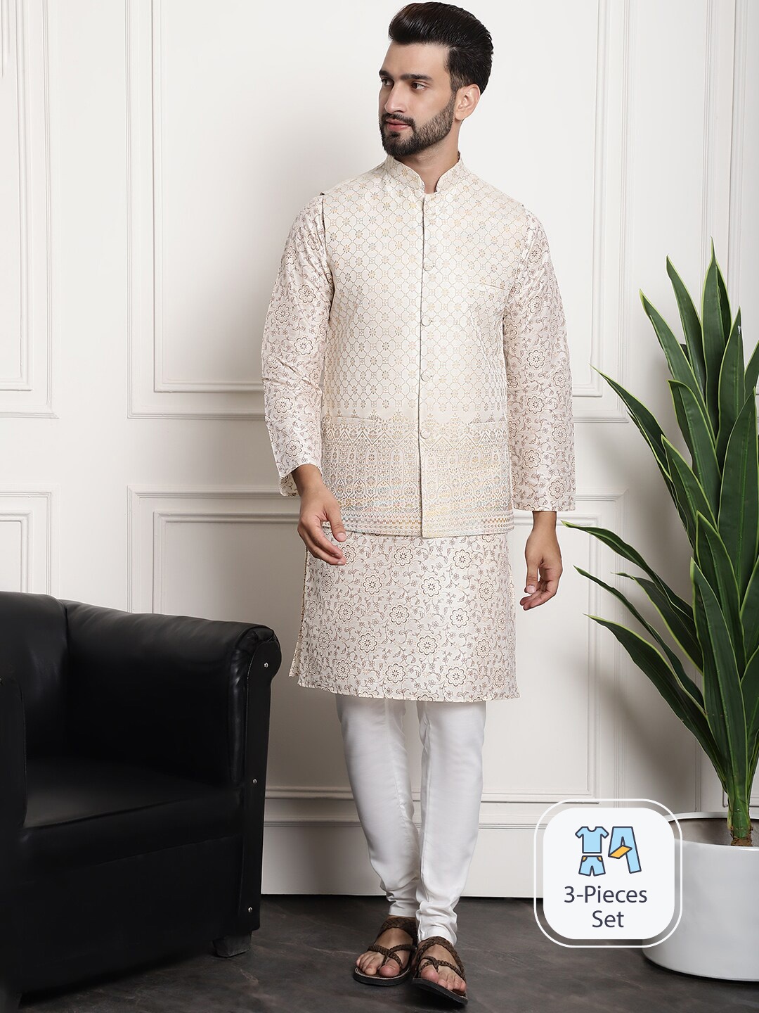 

SOJANYA Floral Printed Regular Kurta with Churidar & Woven Design Nehru Jacket, Cream