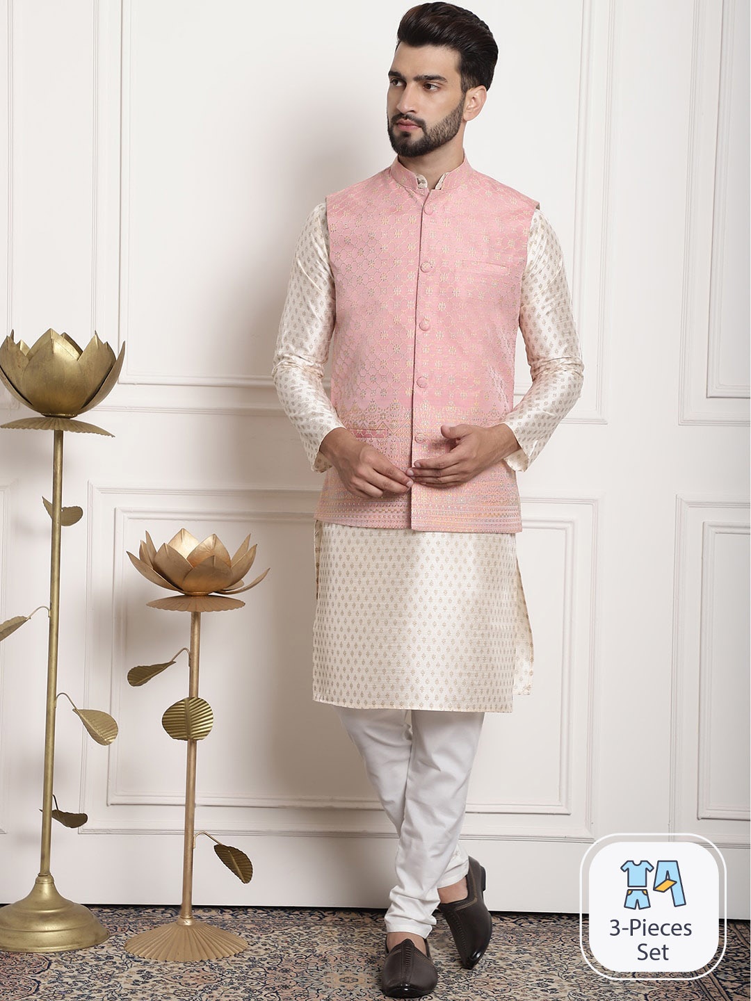 

SOJANYA Ethnic Motifs Woven Design Straight Kurta With Churidar, Cream
