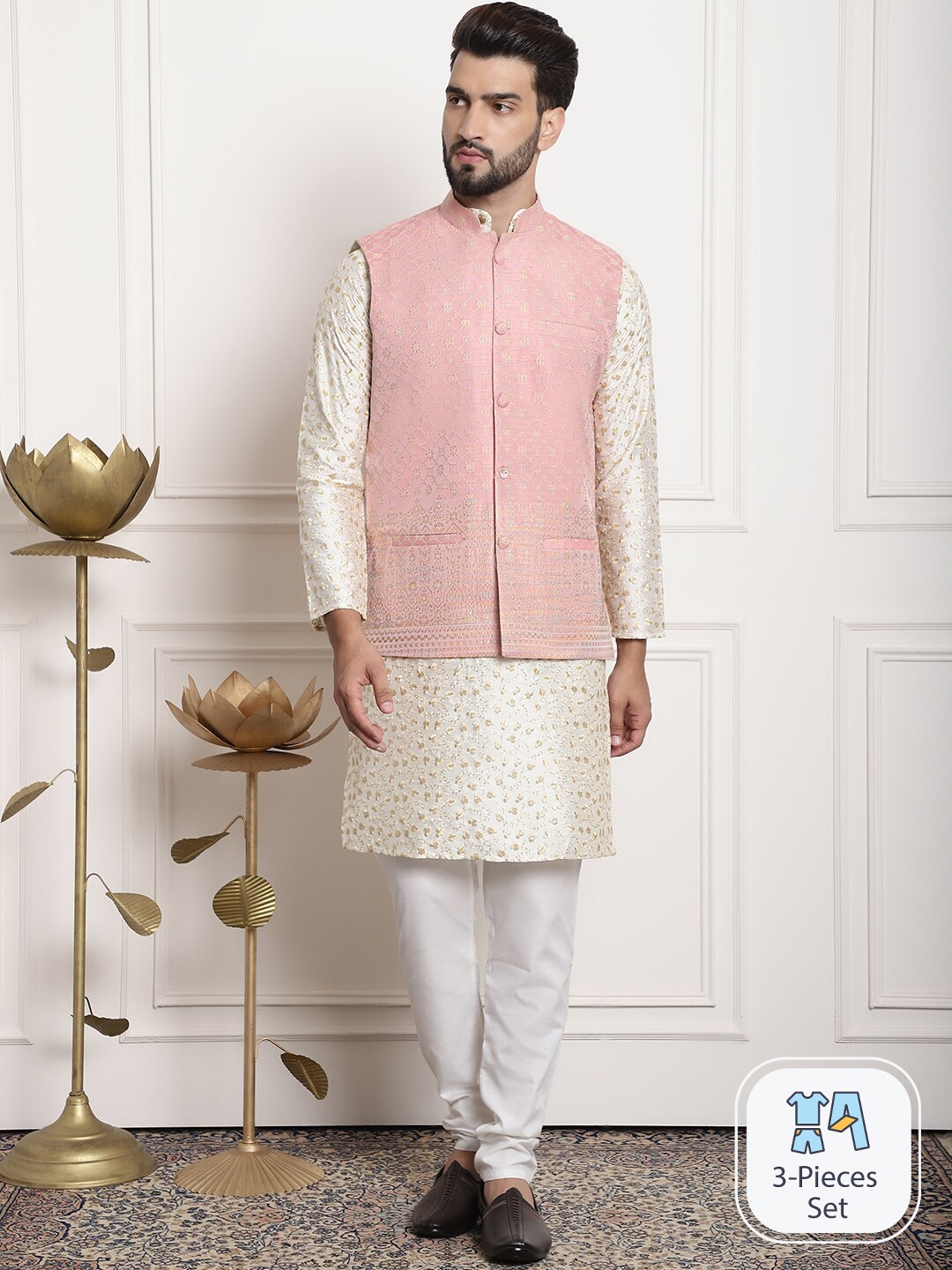 

SOJANYA Floral Embroidered Silk Cotton Kurta & Churidar With Nehru Jacket, Cream