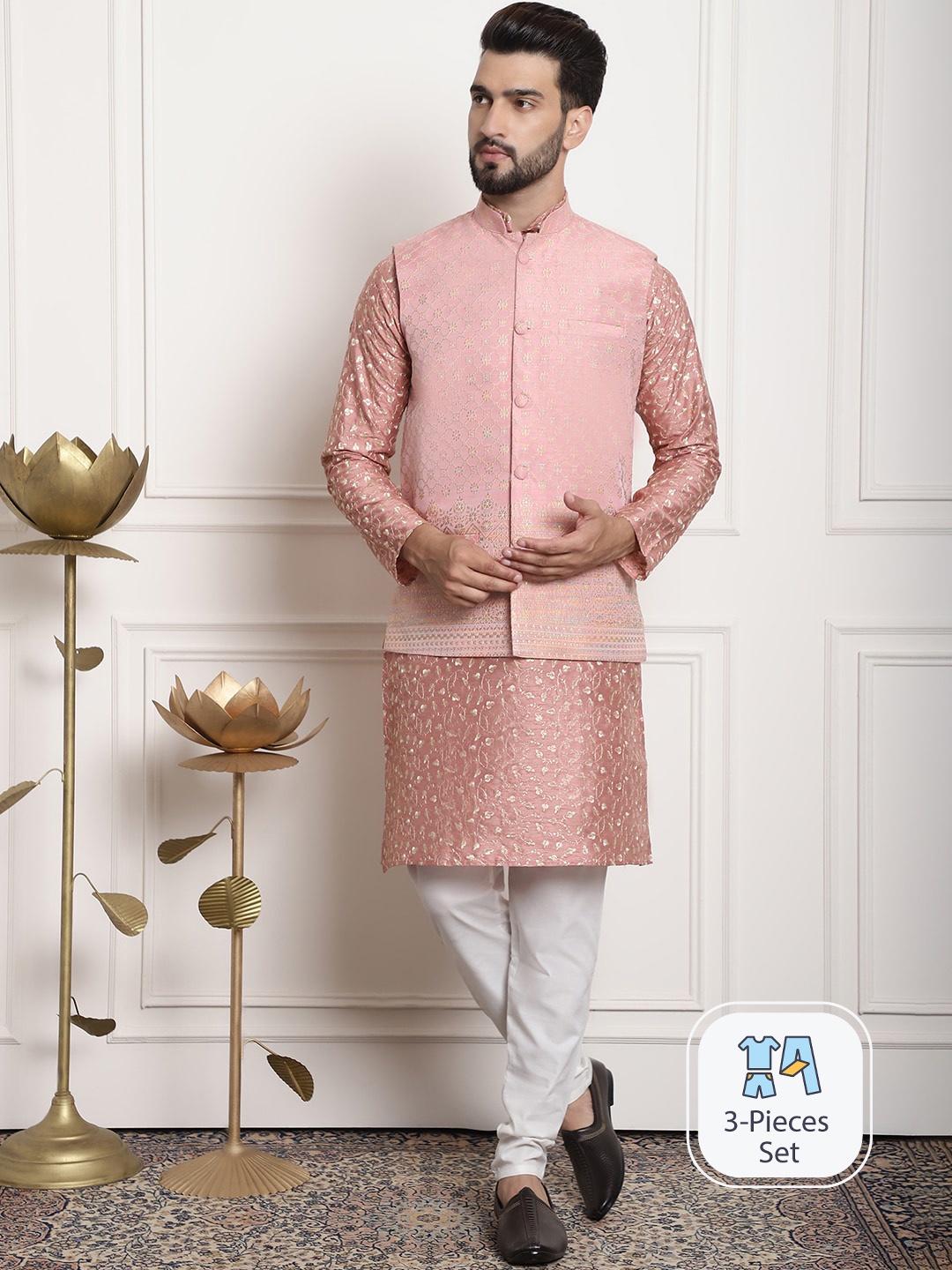

SOJANYA Floral Embroidered Silk Cotton Kurta & Churidar With Nehru Jacket, Coral