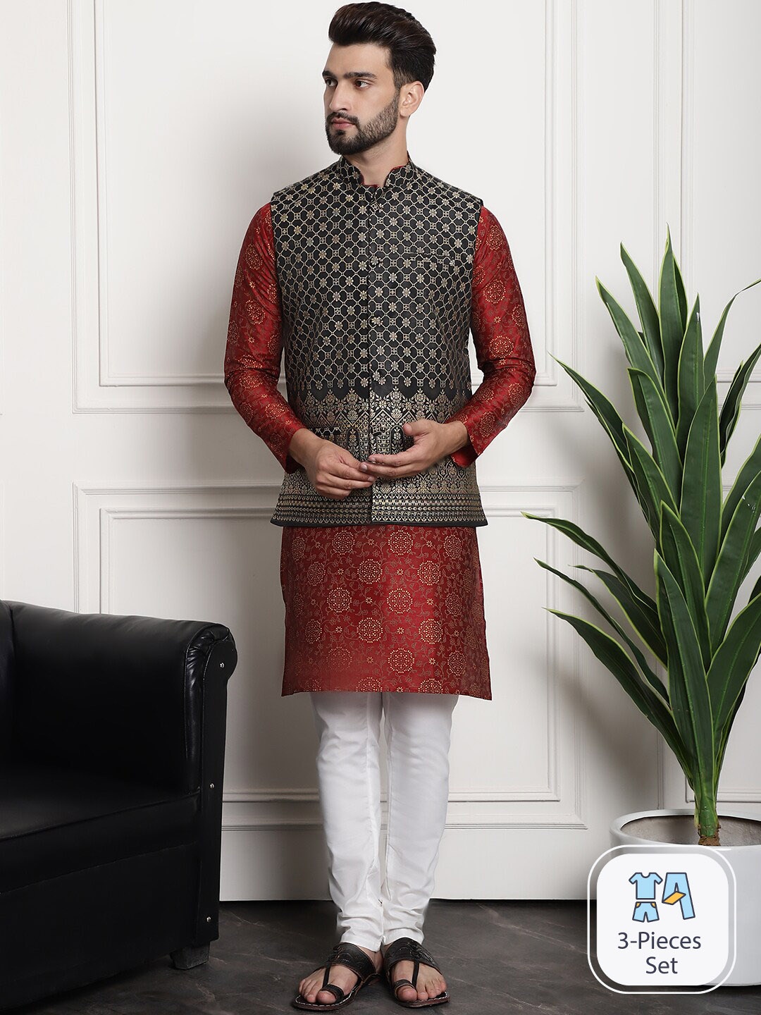 

SOJANYA Ethnic Motifs Printed Silk Cotton Kurta & Churidar With Nehru Jacket, Maroon