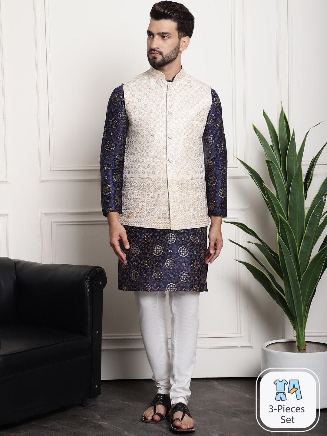 

SOJANYA Floral Printed Kurta with Churidar & Woven Design Nehru Jacket, Navy blue