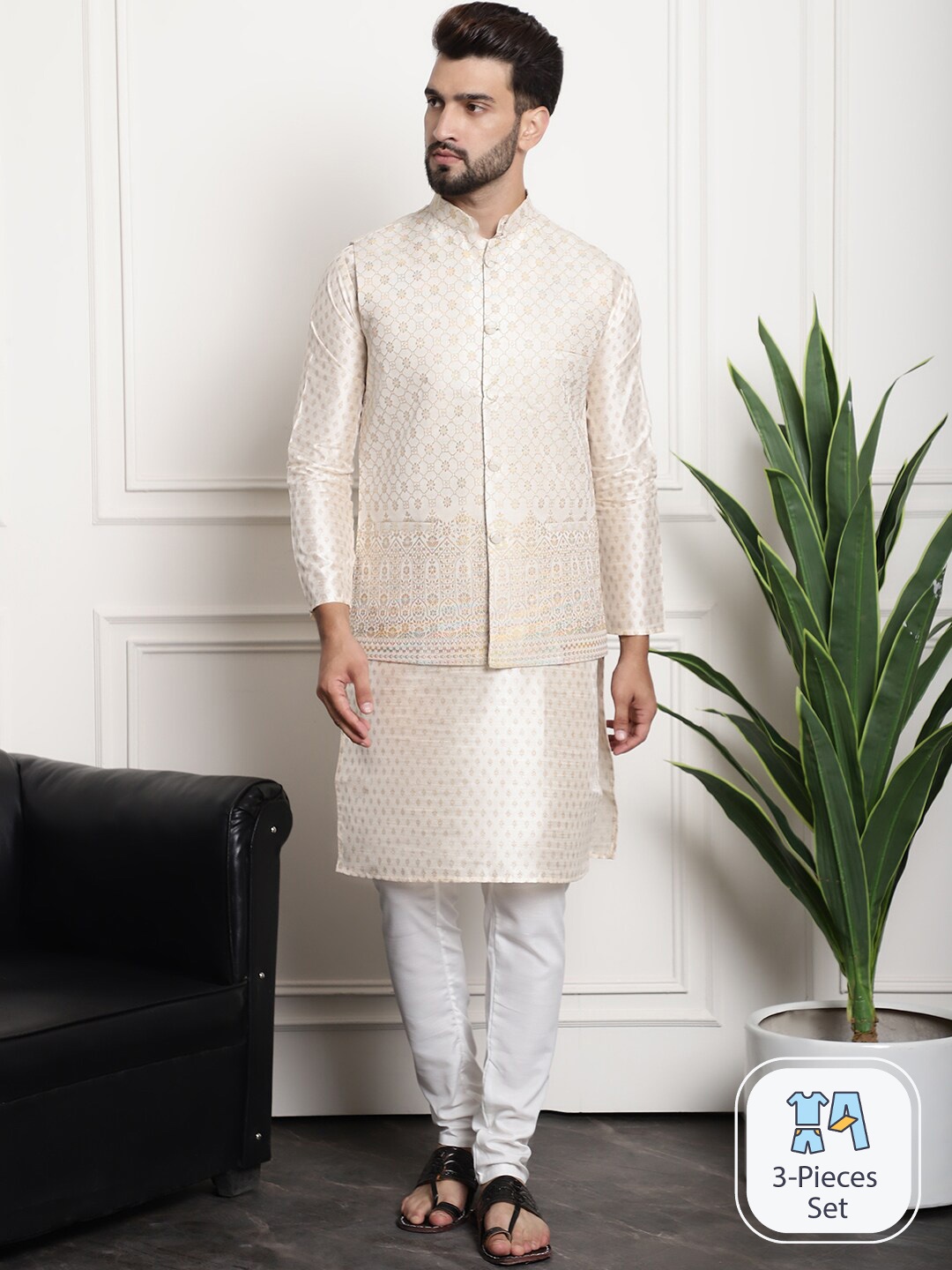 

SOJANYA Woven Design Regular Kurta with Churidar & Woven Design Nehru Jacket, Cream