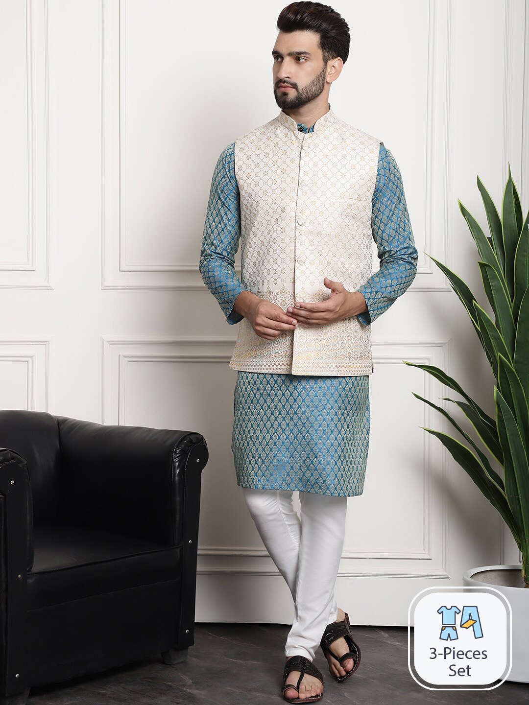 

SOJANYA Ethnic Motifs Woven Design Silk Cotton Kurta & Churidar With Nehru Jacket, Blue