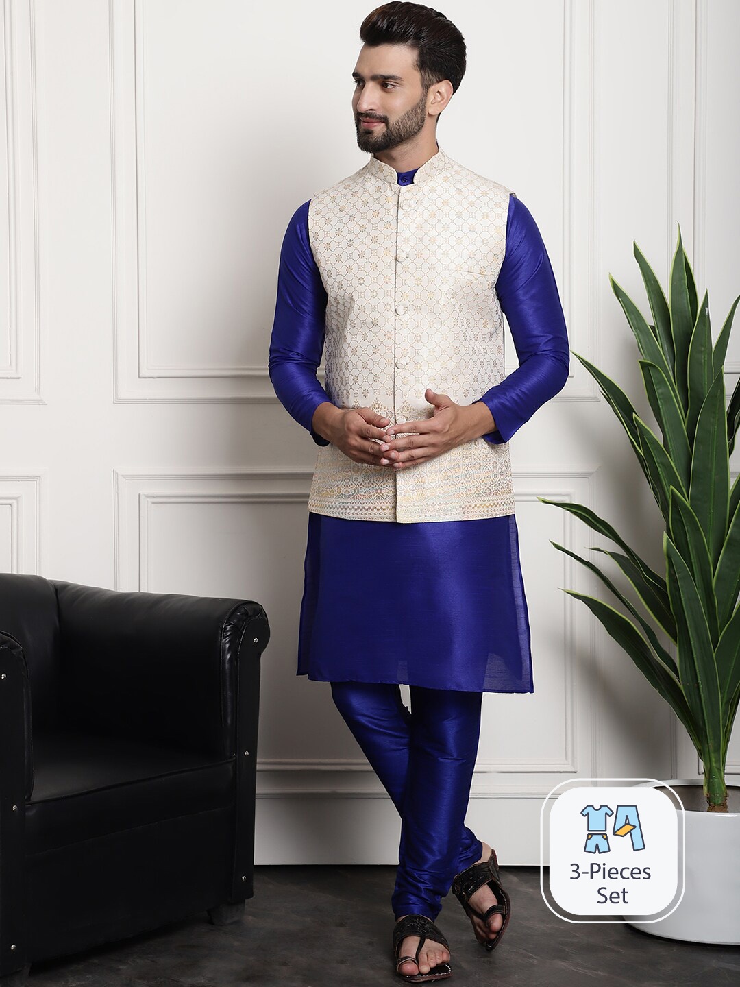 

SOJANYA Straight Kurta & Churidar With Nehru Jacket, Blue