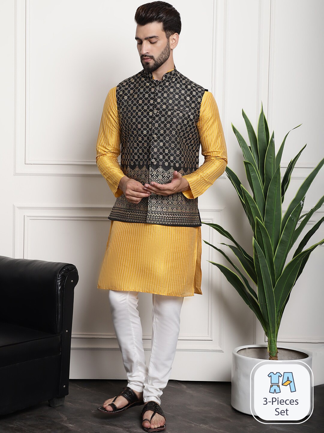 

SOJANYA Striped Kurta with Churidar & Woven Design Nehru Jacket, Mustard