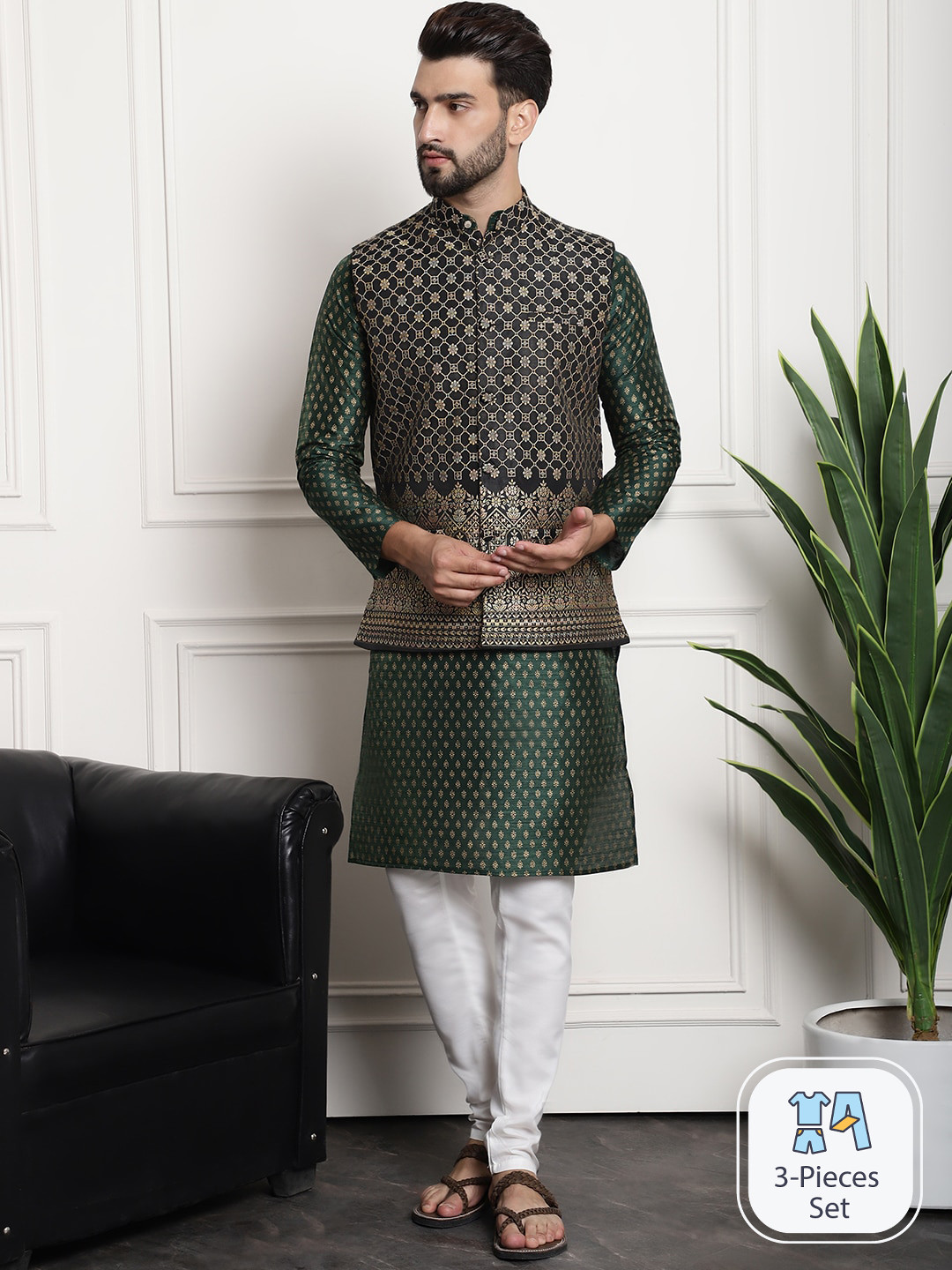 

SOJANYA Ethnic Motifs Printed Silk Cotton Kurta & Churidar With Nehru Jacket, Green