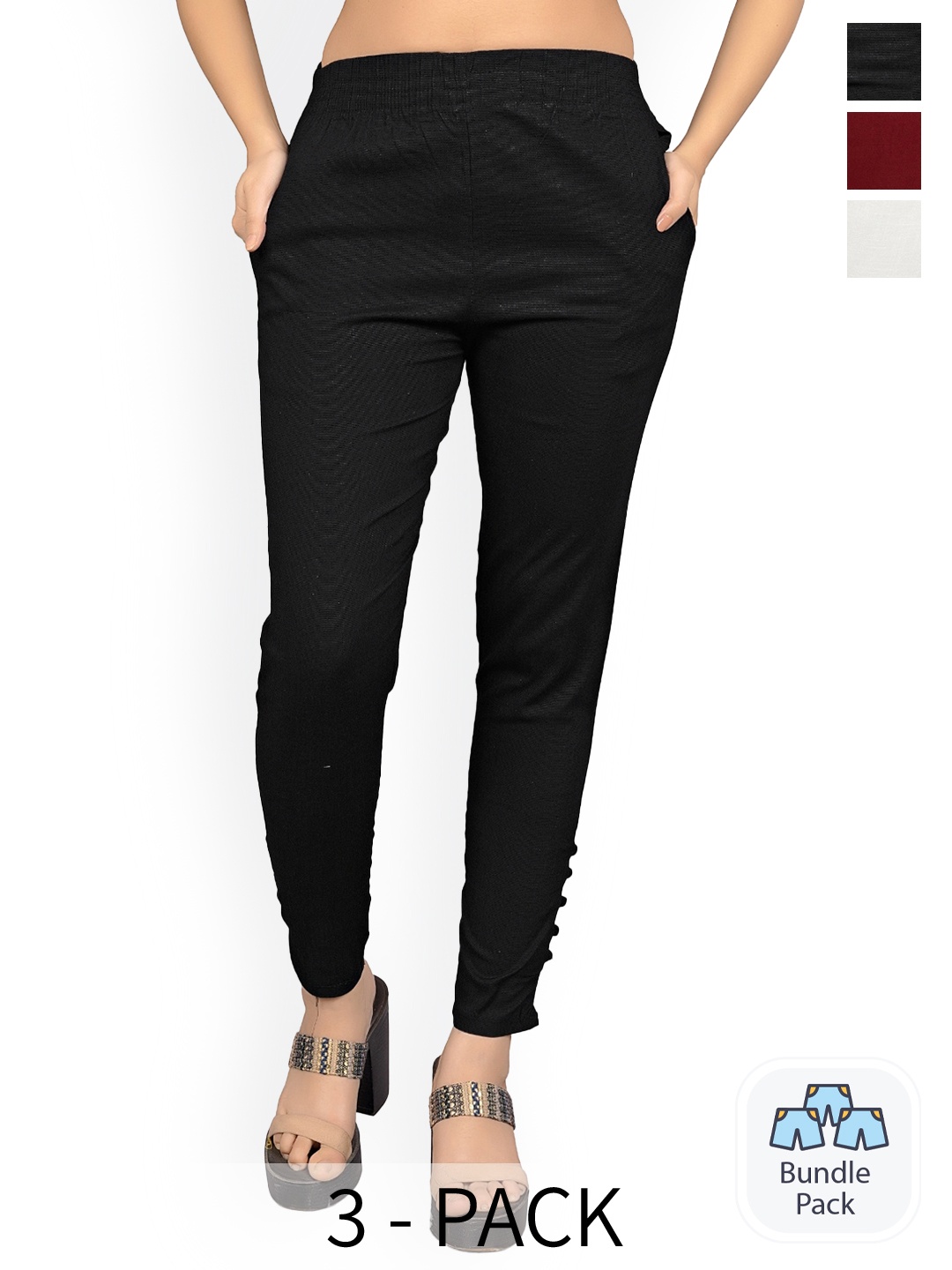 

MYSHA Pack Of 3 Comfort Straight Fit Easy Wash Cotton Trousers, Black