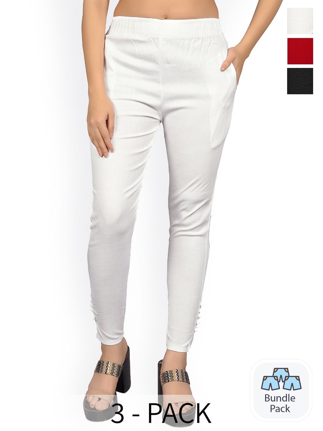 

MYSHA Pack of 3 Comfort Straight Fit Mid-Rise Easy Wash Cotton Joggers Trousers, White