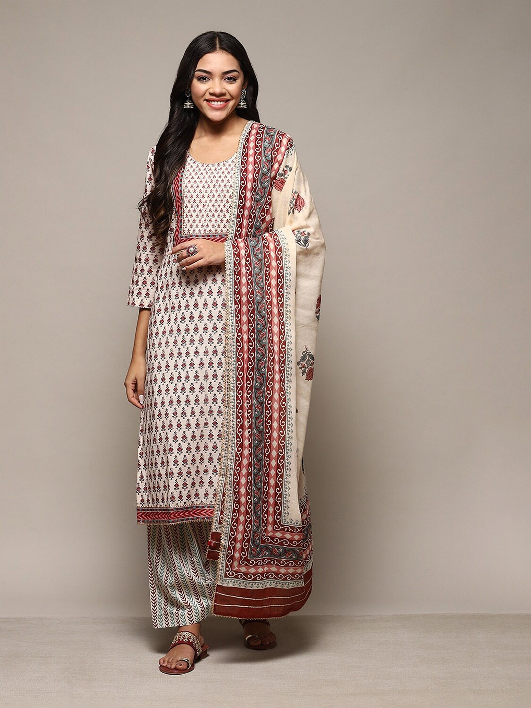 

Biba Ethnic Motifs Printed Unstitched Dress Material, Beige
