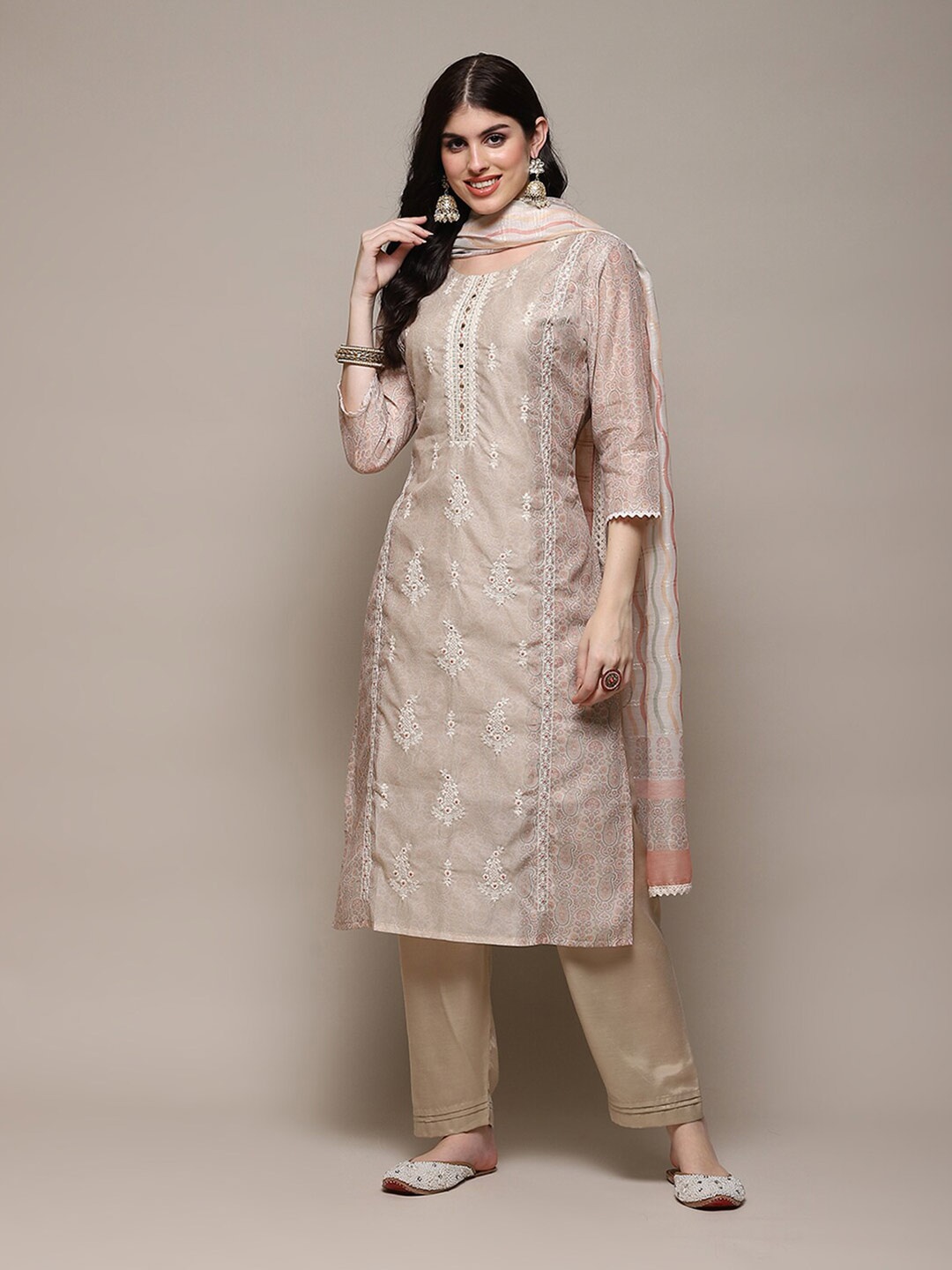 

Biba Floral Embroidered Unstitched Dress Material, Beige