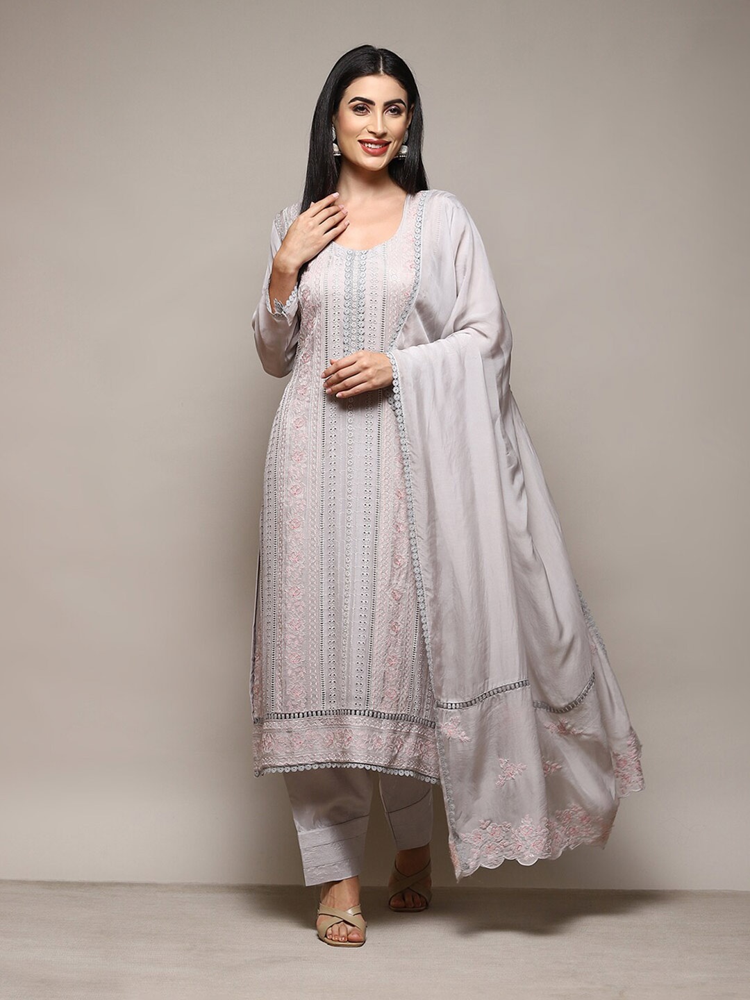 

Biba Floral Embroidered Organza Unstitched Dress Material, Grey
