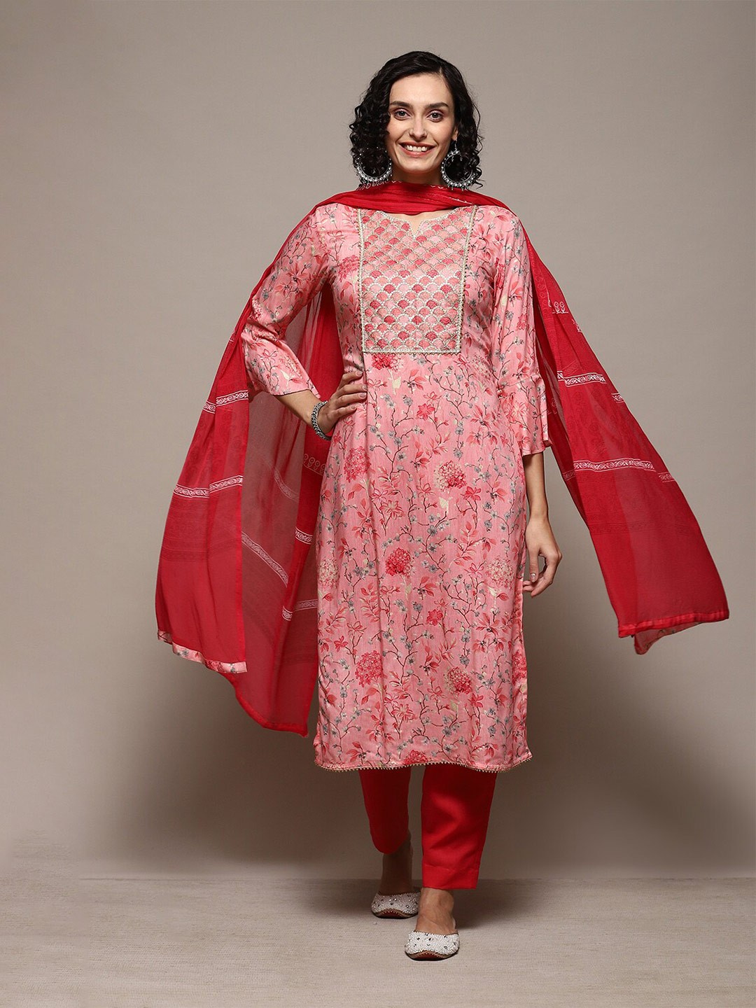 

Biba Floral Printed Gotta Patti Unstitched Dress Material, Pink