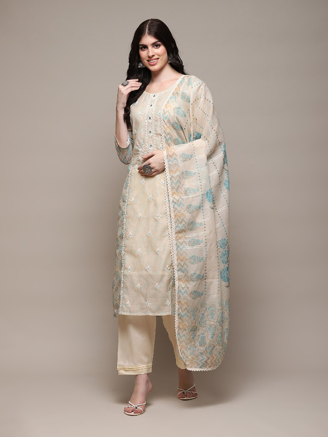 

Biba Ethnic Motif Printed And Embroidered Unstitched Dress Material, Beige