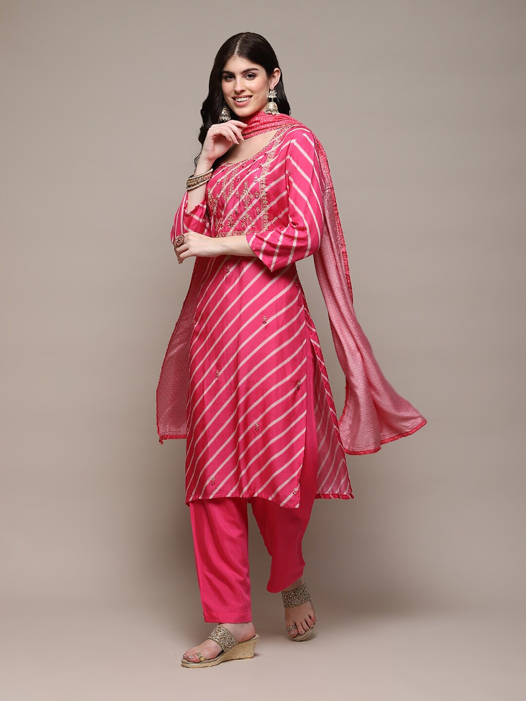 

Biba Leheriya Printed Mirror Work Detailed Unstitched Dress Material, Pink