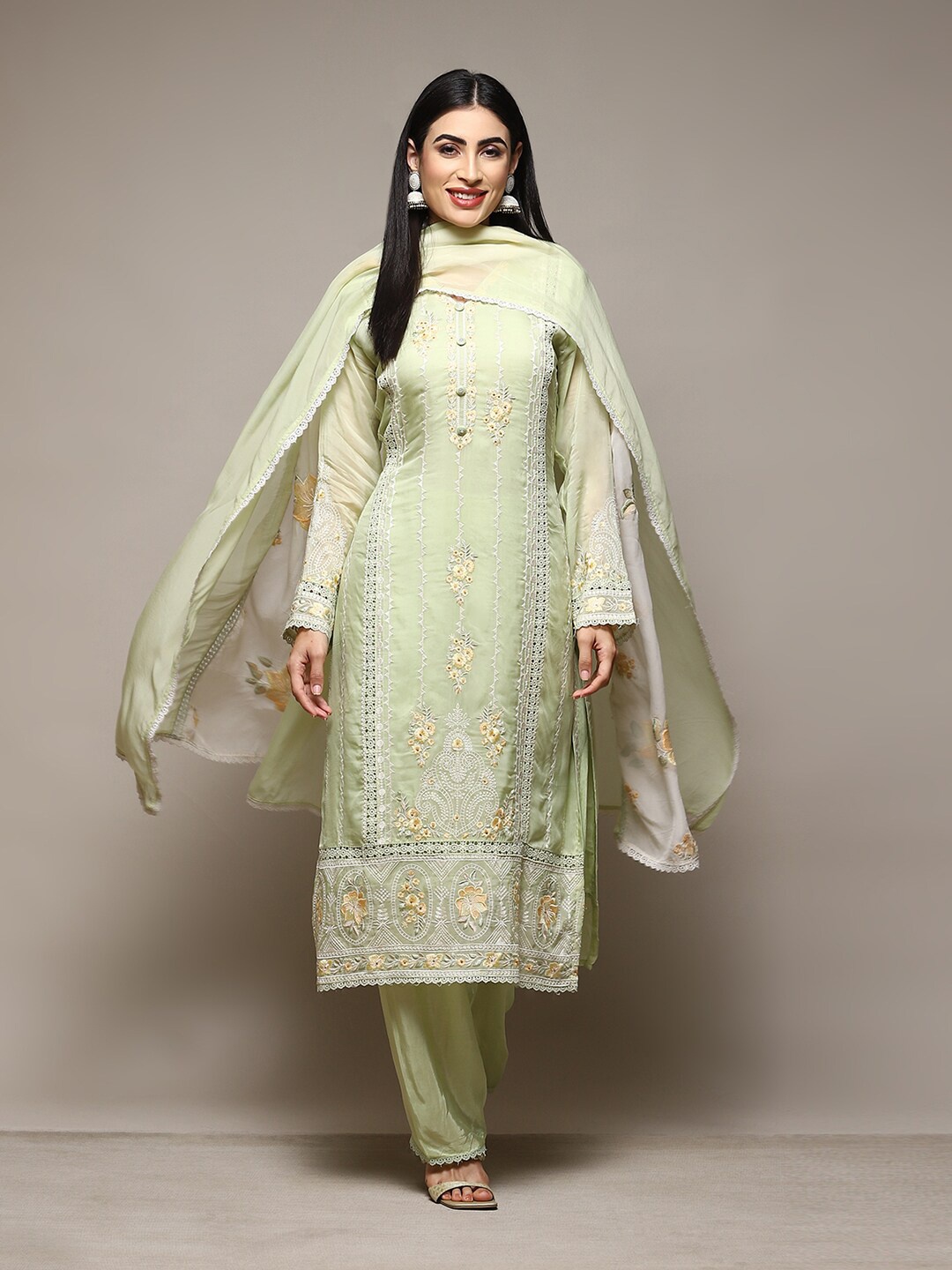 

Biba Ethnic Motifs Embroidered Organza Unstitched Dress Material, Green