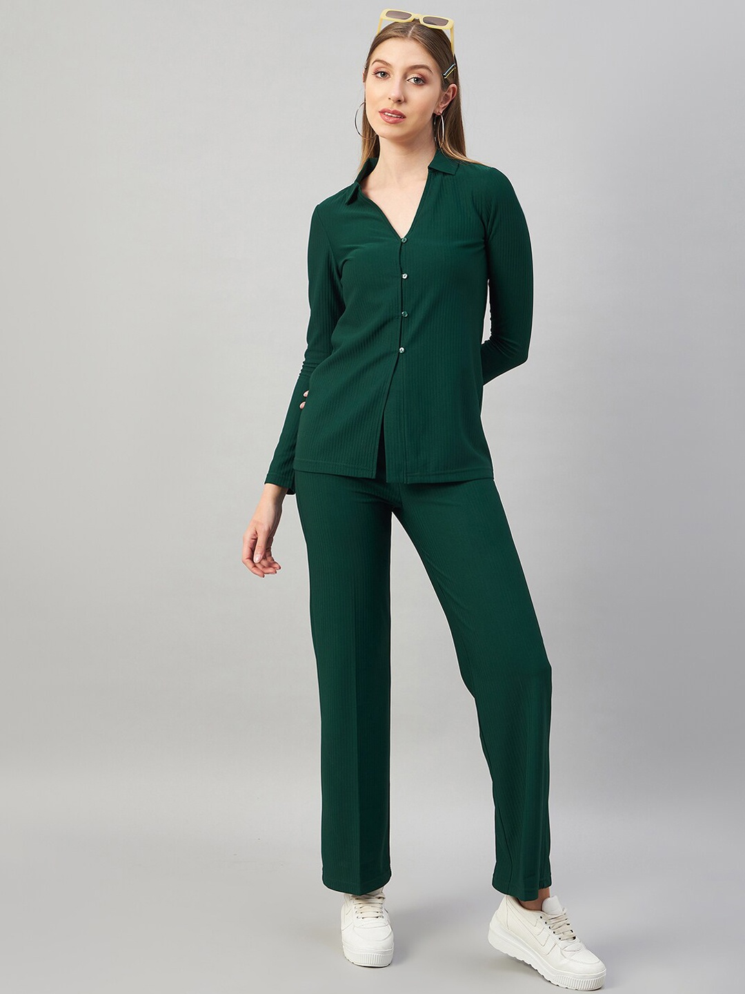 

Chemistry Shirt Collar Ribbed Shirt & Trousers Co-Ords, Green