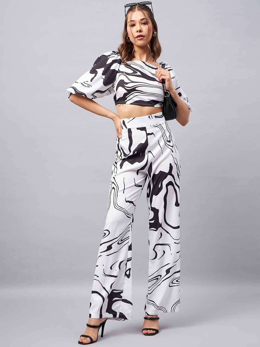 

Chemistry Printed Tie-up back Top & Flared Trousers, White