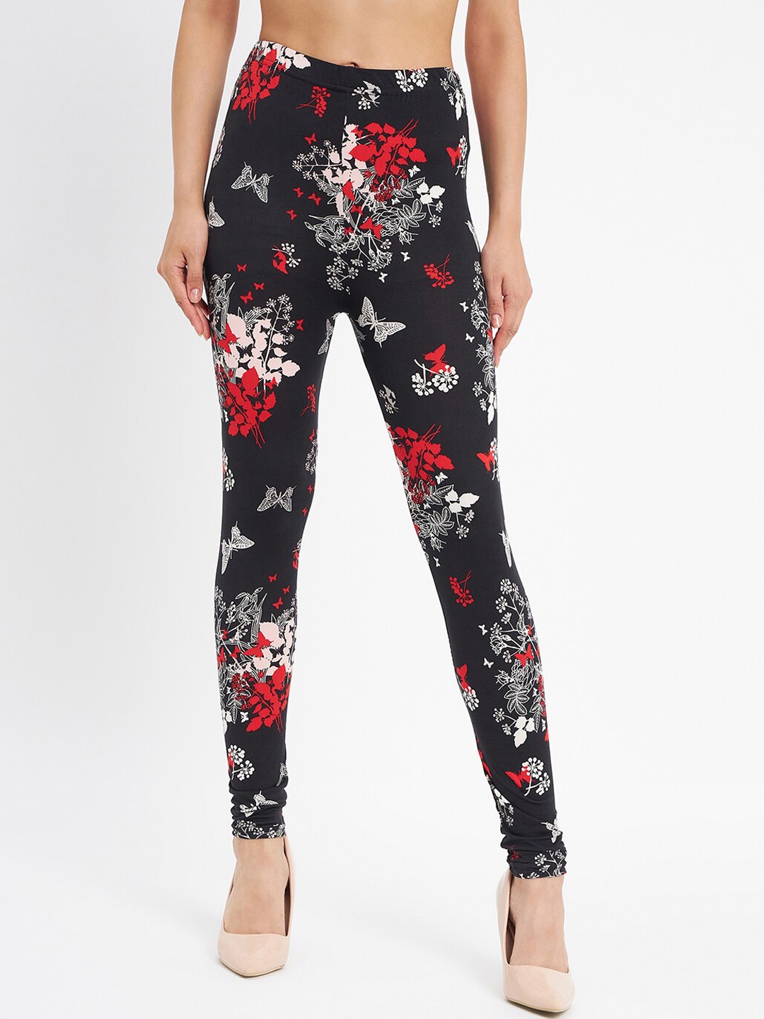 

Camey Floral printed Churidar Length Leggings, Black