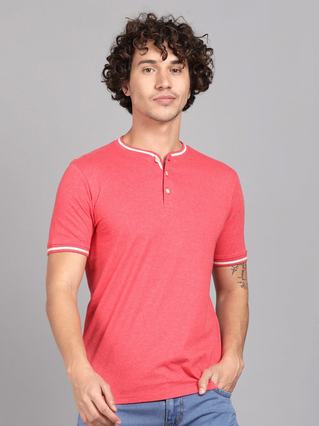 

Steenbok Slim Fit Henley Neck Cotton T-shirt, Red