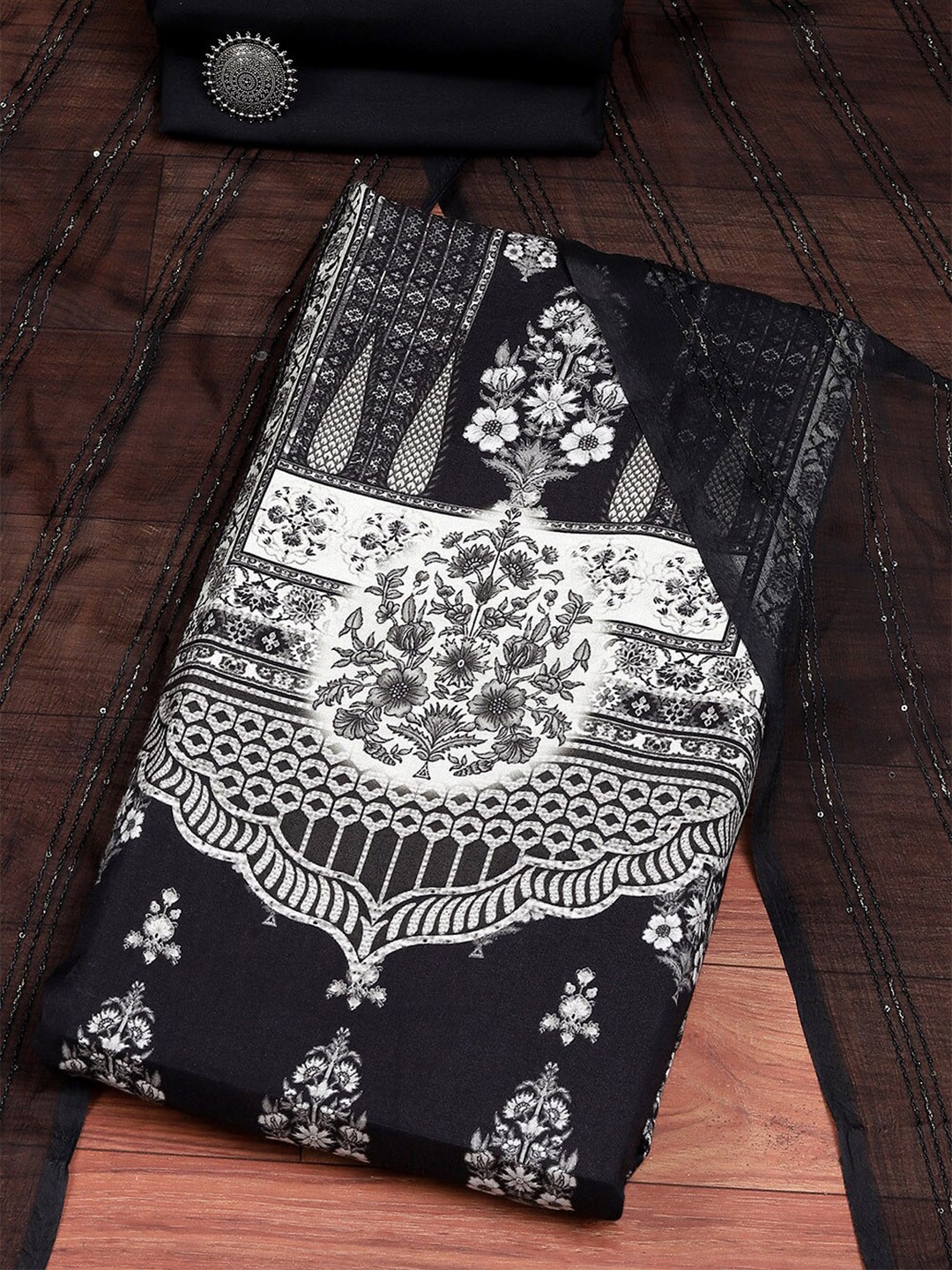 

Biba Floral Printed Unstitched Dress Material, Black