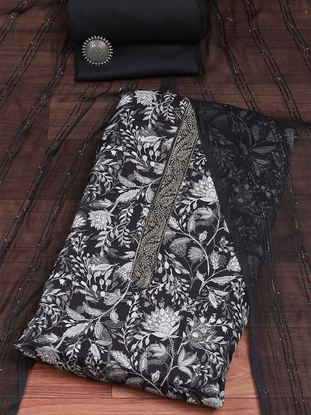

Biba Floral Printed Unstitched Dress Material, Black
