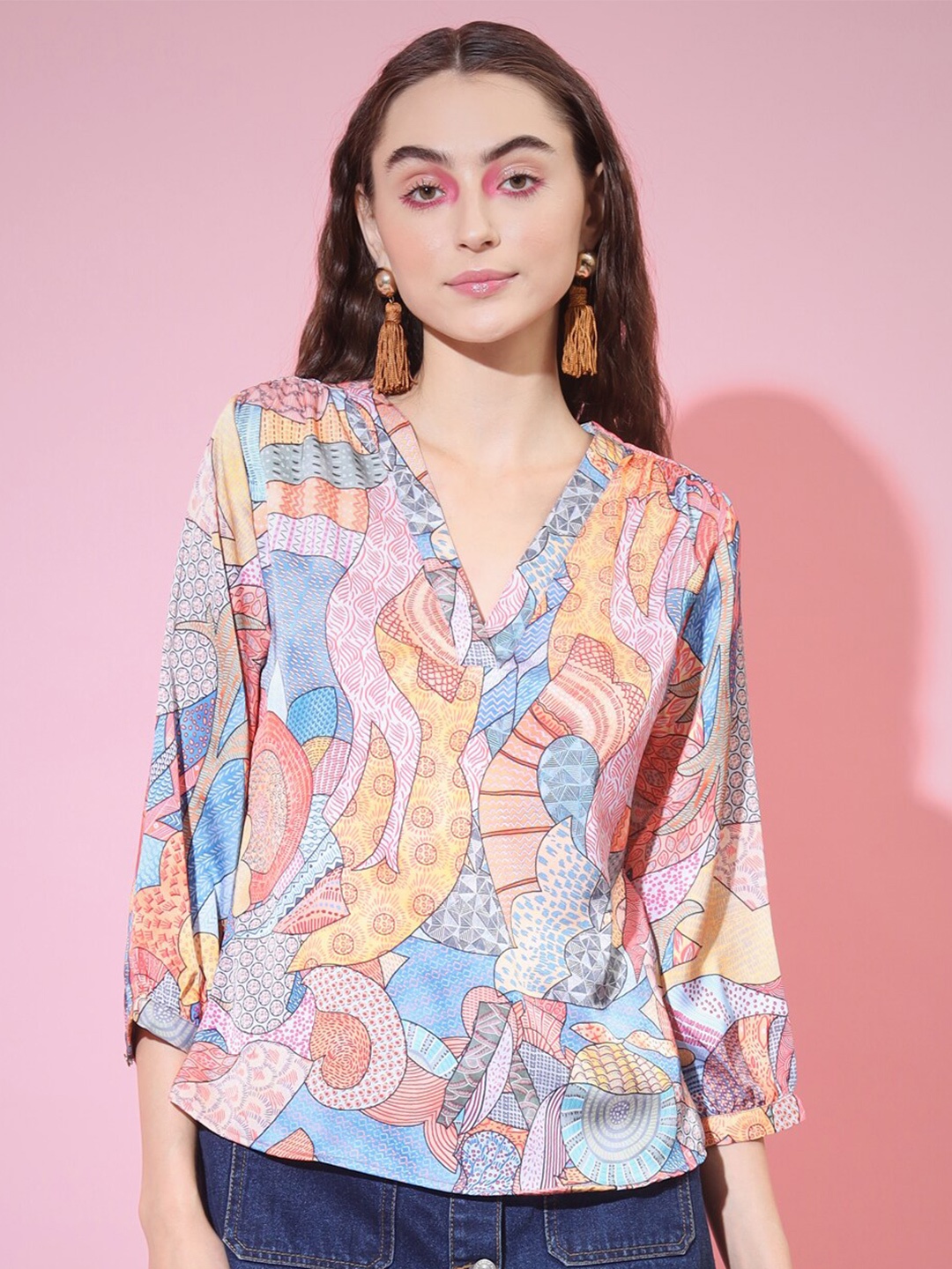 

KALINI Abstract Printed V-Neck Satin Top, Blue