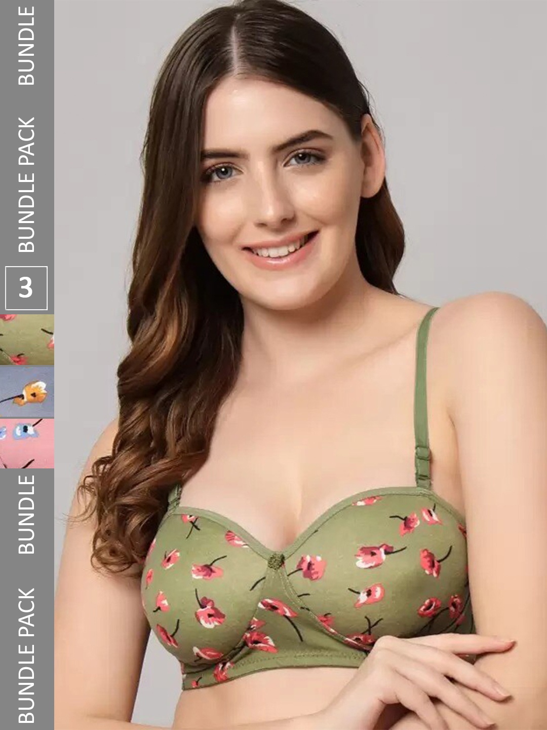 

Extoes Pack Of 3 Floral Lightly Padded Full Coverage All Day Comfort Cotton Push-Up Bra, Green