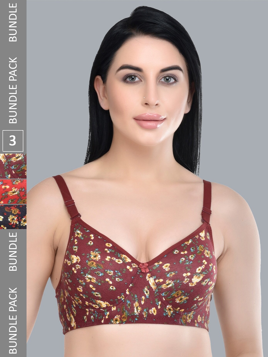 

Extoes Floral Pack Of 3 Lightly Padded Full Coverage All Day Comfort Cotton Push-Up Bra, Black