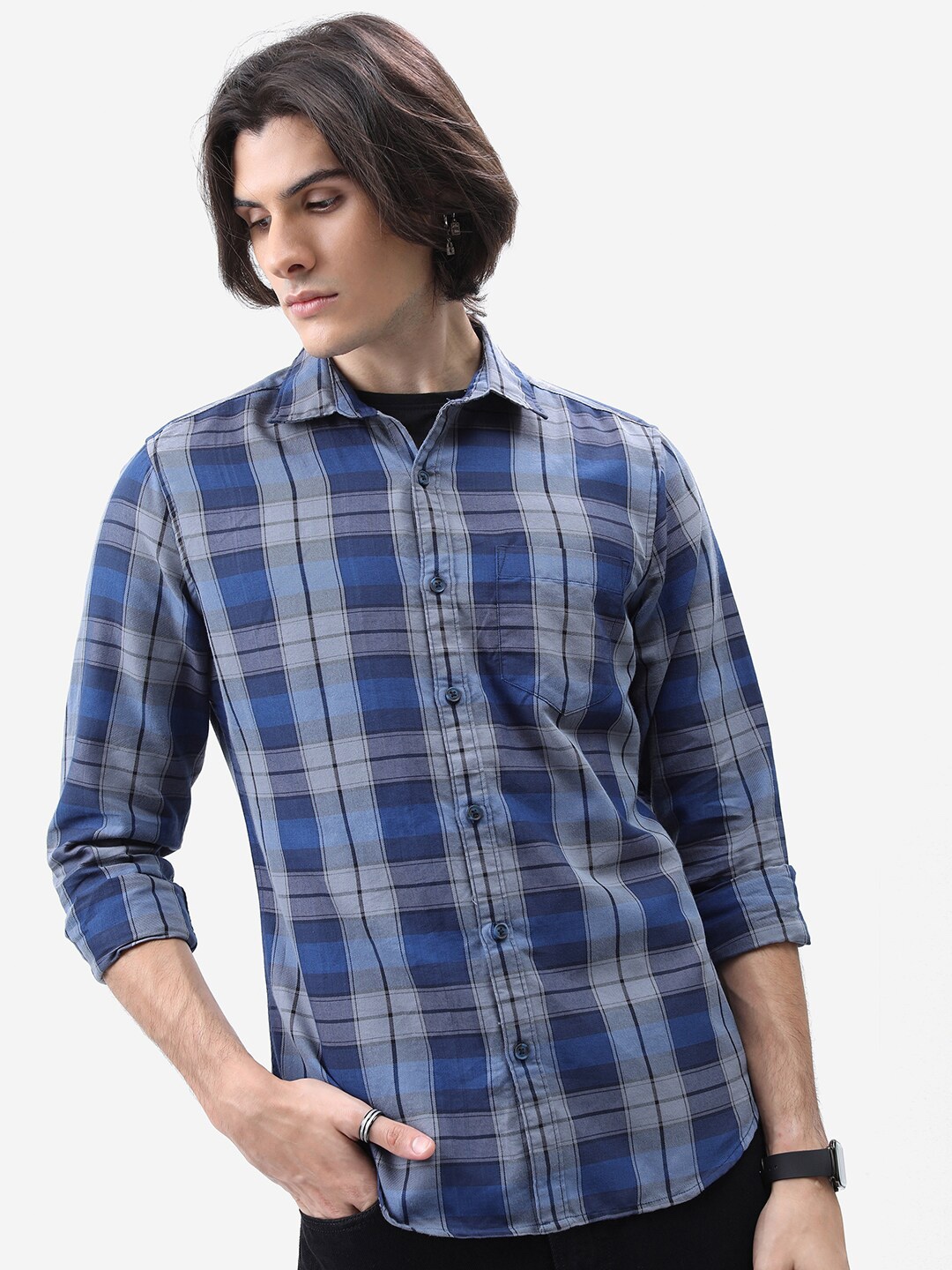 

HIGHLANDER Tartan Checked Slim Fit Casual Shirt, Grey