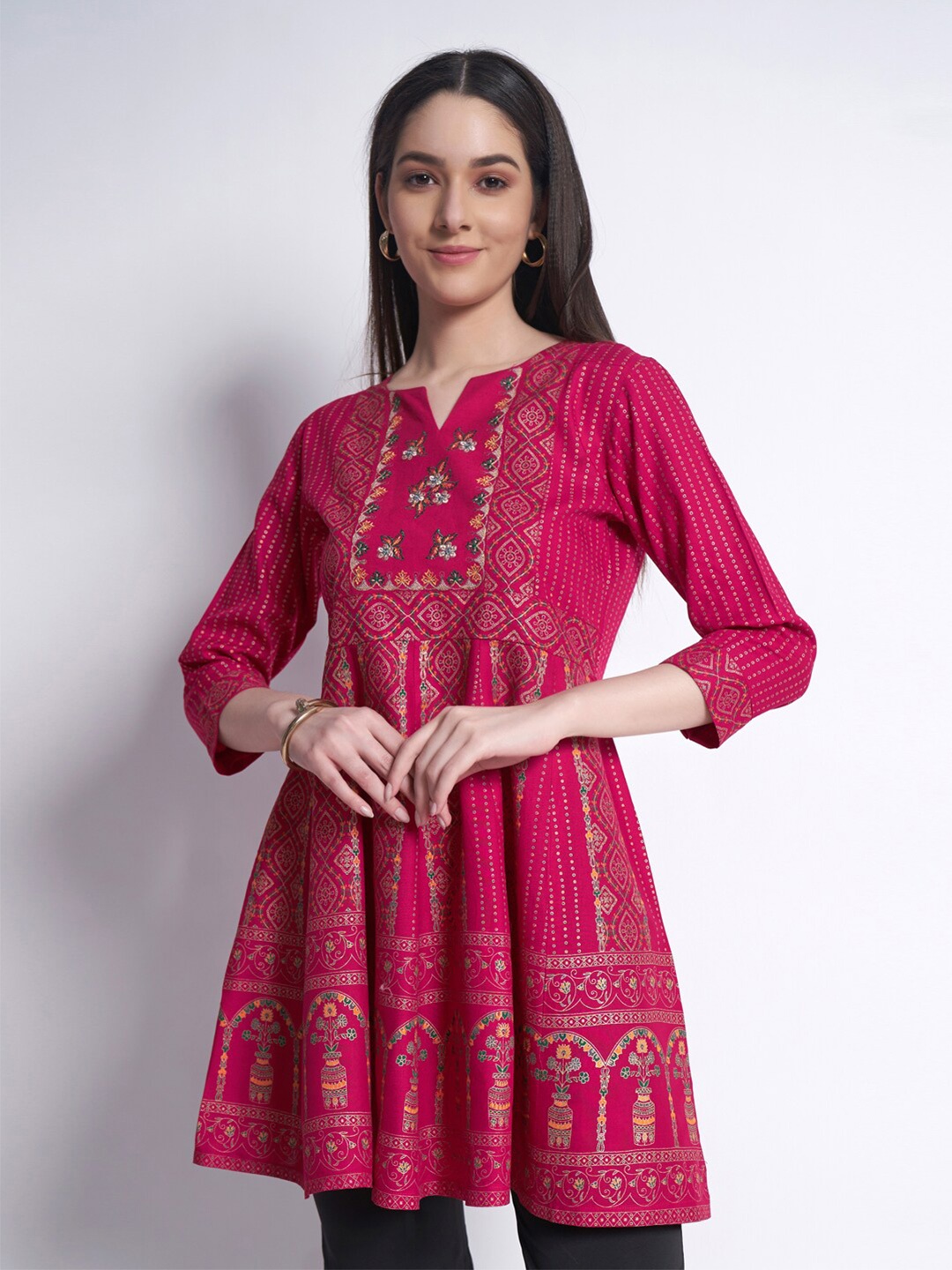 

Sangria Ethnic Motifs Printed A-Line Kurti, Pink