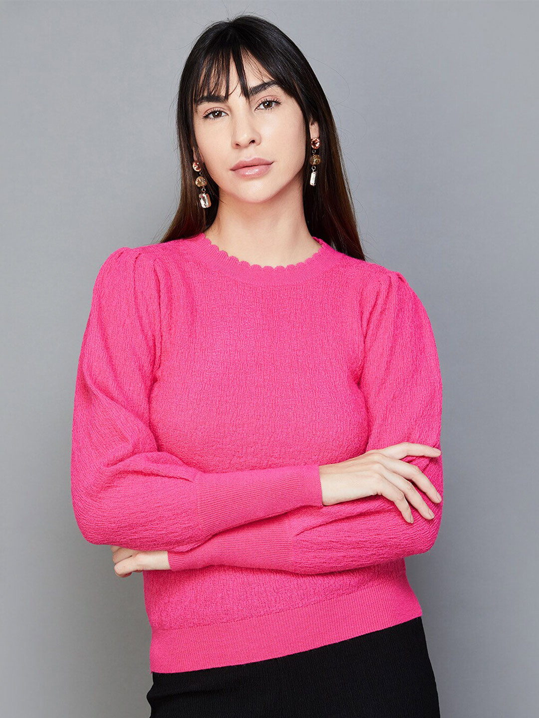 

CODE by Lifestyle Self Design Round Neck Puff Sleeves Casual Top, Pink