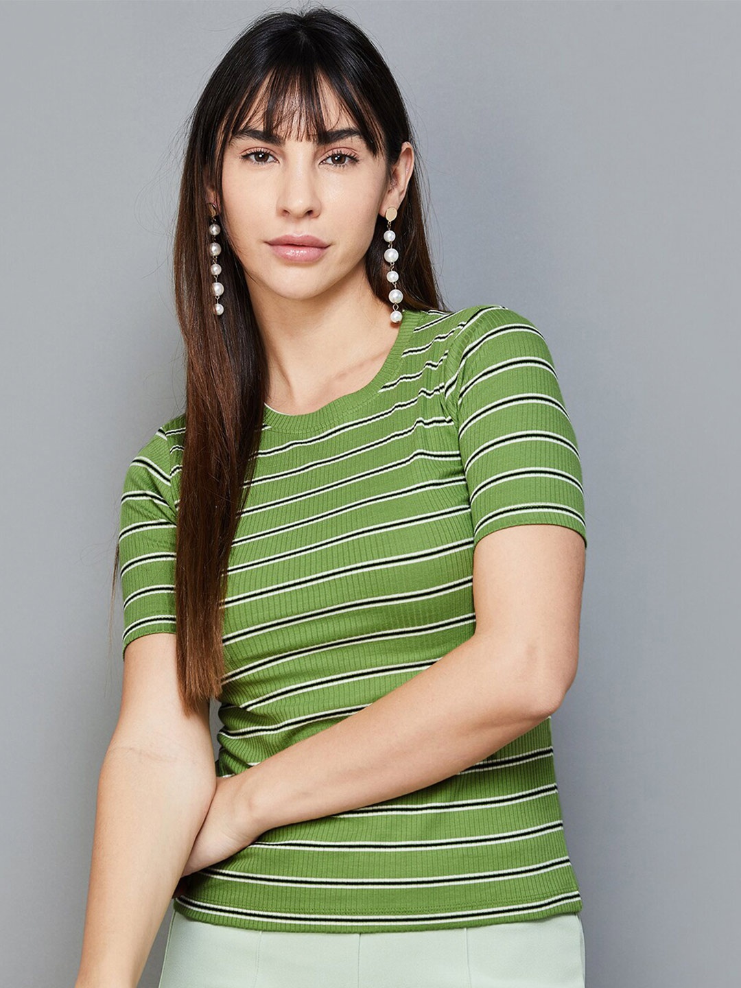 

CODE by Lifestyle Horizontal Striped Round Neck Fitted Top, Olive