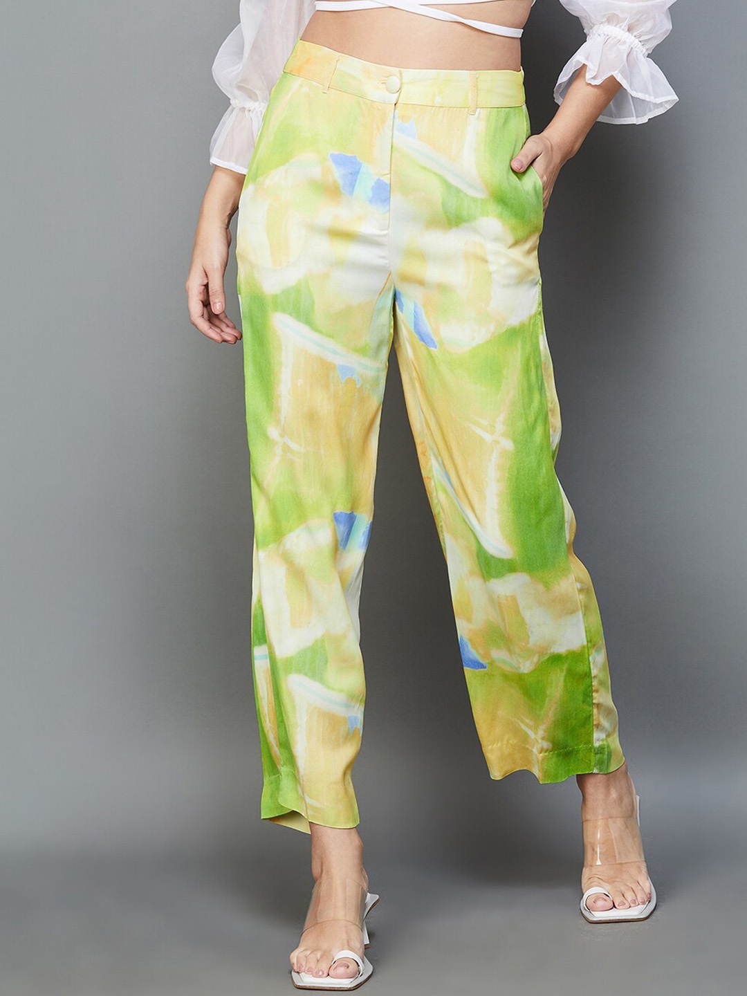 

CODE by Lifestyle Women Abstract Printed Mid-Rise Parallel Trousers, Off white