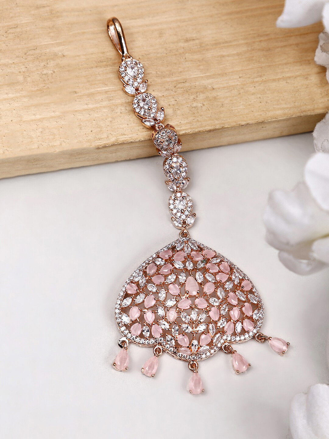 

Bhana Fashion Rose Gold-Plated AD Studded Maang Tikka
