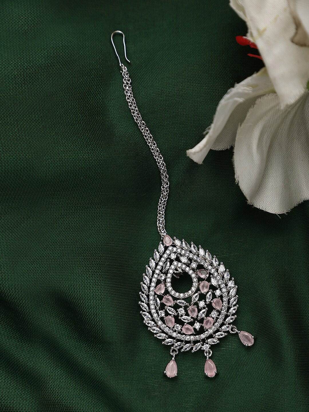 

Bhana Fashion Silver-Plated AD Studded Maang Tikka