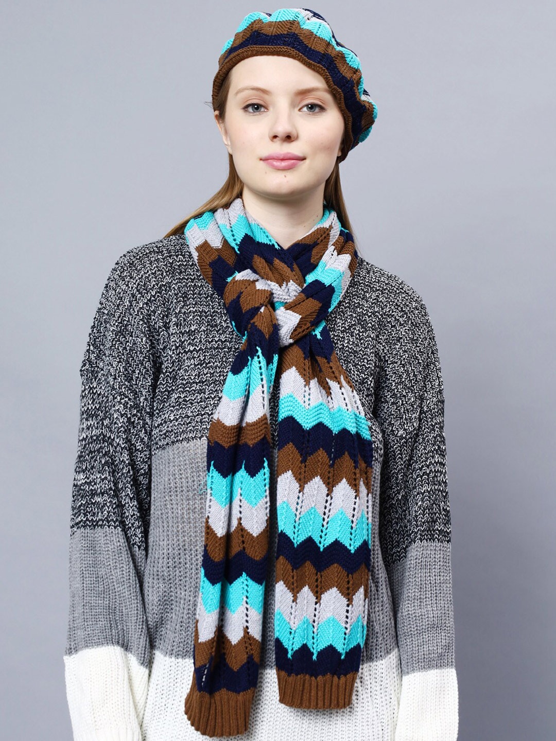 

Bharatasya Women Self Design Cotton Beanie With Muffler, Blue
