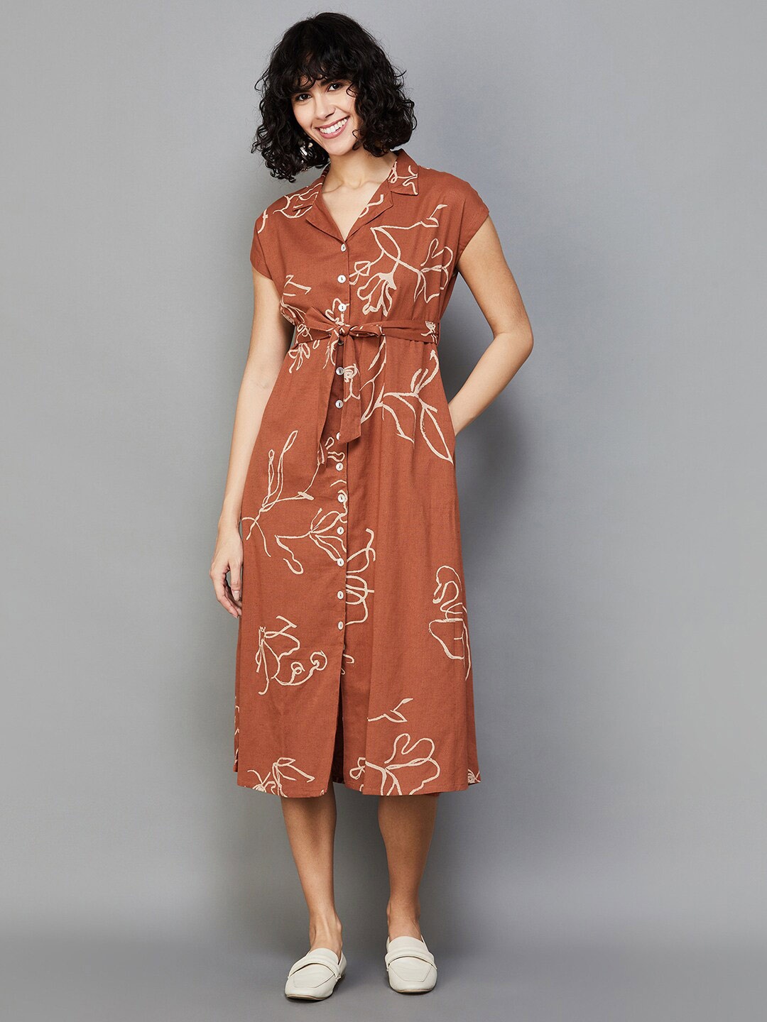 

Colour Me by Melange Abstract Printed Shirt Midi Dress, Rust