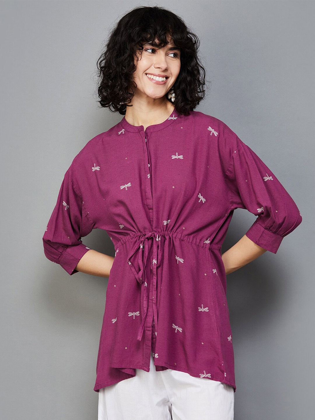 

Colour Me by Melange Printed Mandarin Collar Tunic With Waist Tie-Up, Purple