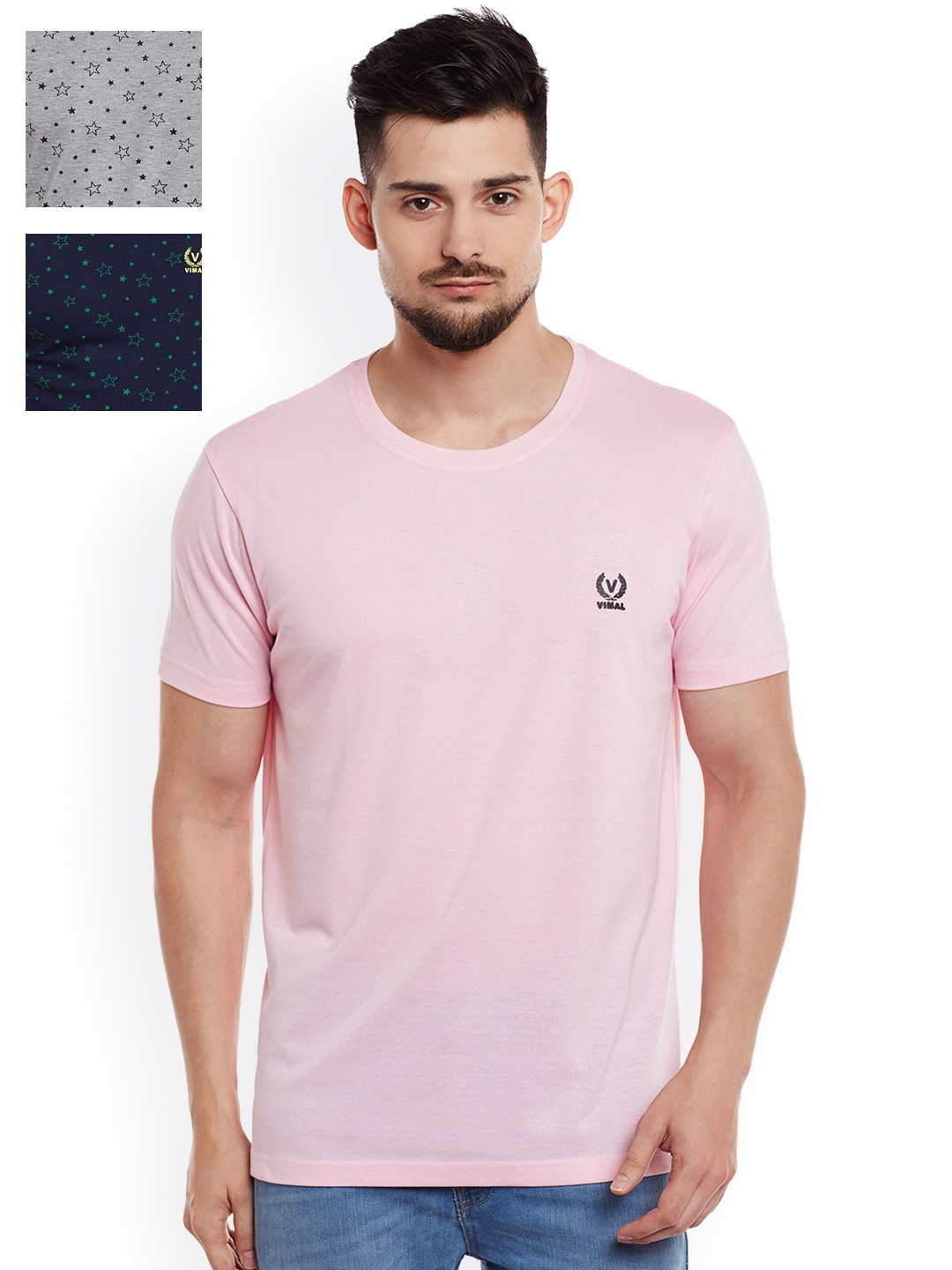 

VIMAL Men Pack of 3 Slim-Fit T-Shirts, Grey melange