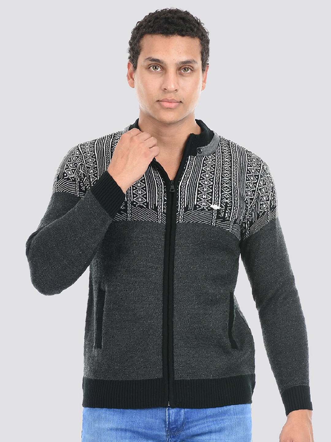 

Cloak & Decker by Monte Carlo Geometric Self Design Front-Open Sweater, Grey