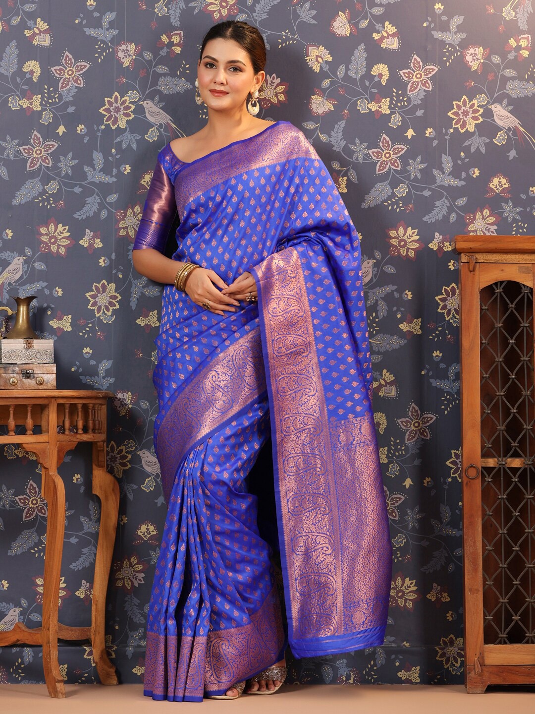 

House of Pataudi Ethnic Motifs Woven Design Banarasi Saree, Blue