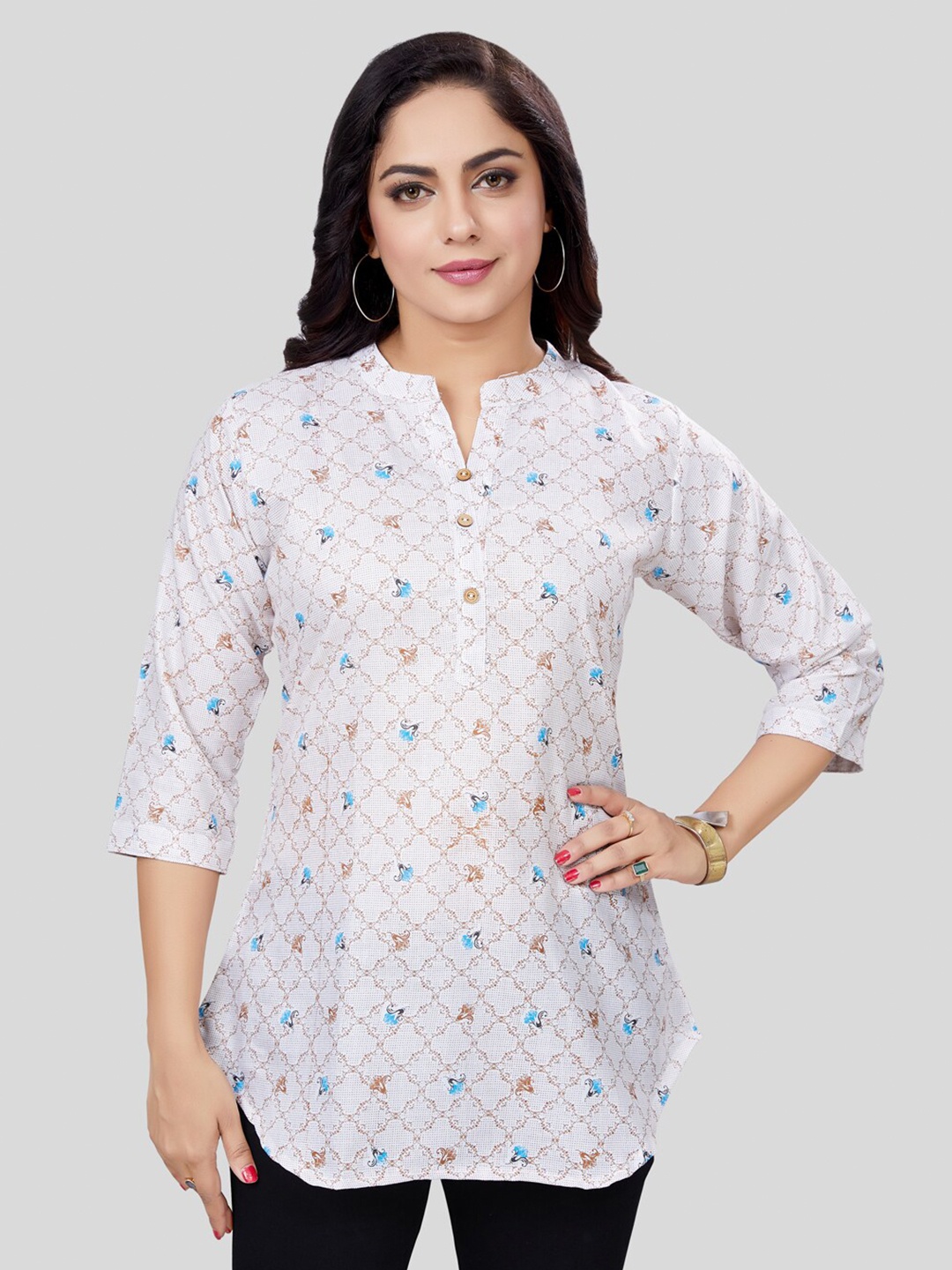 

Saree Swarg Printed Mandarin Collar Kurti, White