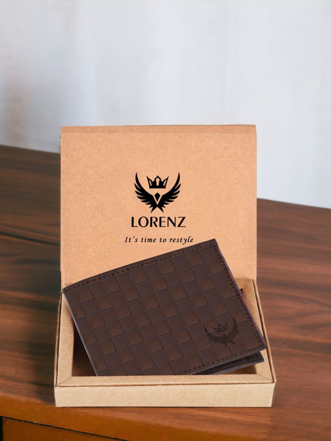 

LORENZ Men Checked PU Two Fold Wallet, Brown