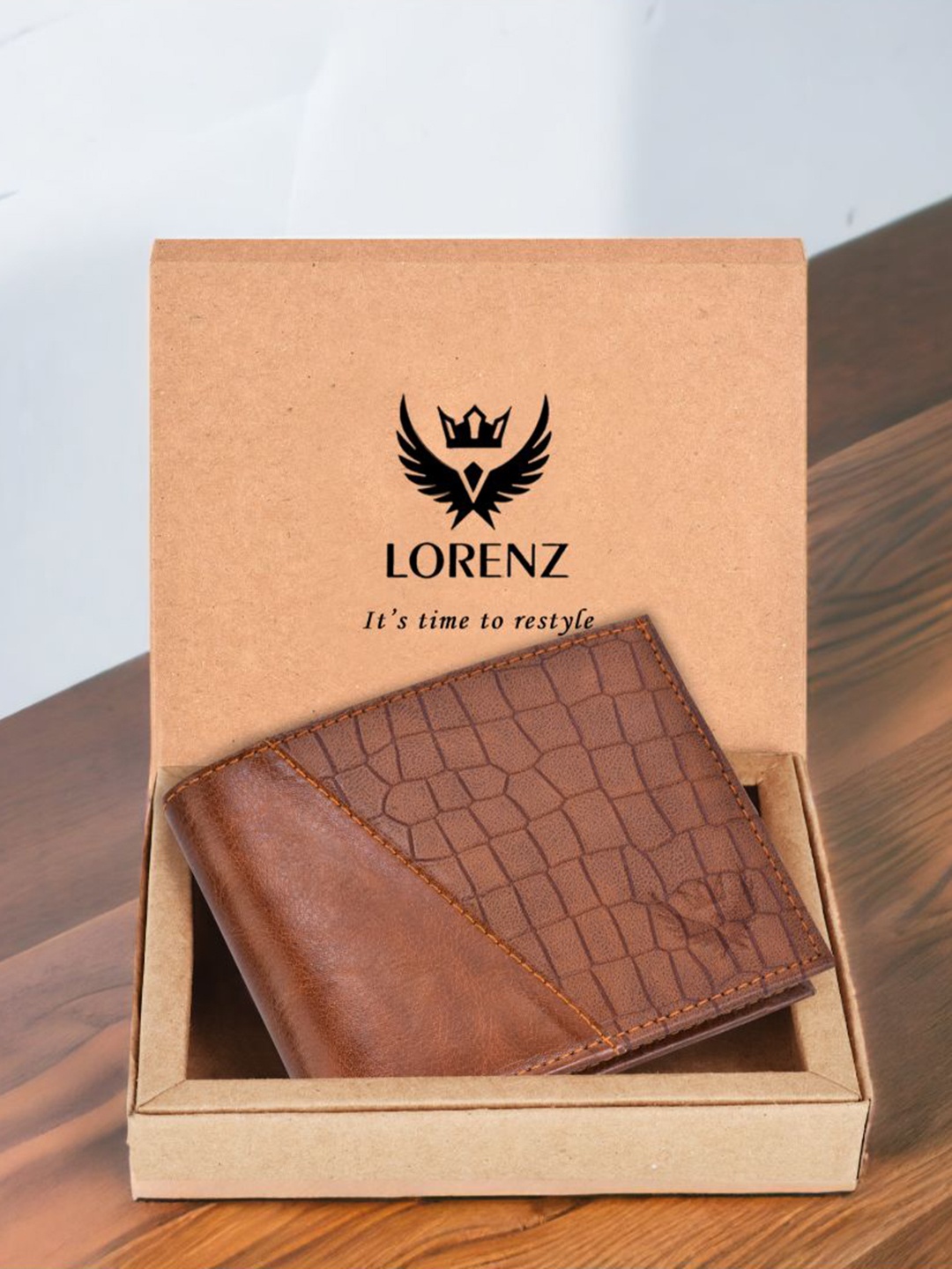 

LORENZ Men Animal Textured Two Fold Wallet, Tan